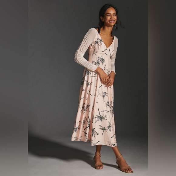 Anthropologie Dresses & Skirts - Anthropologie Blush Dress with Black Dragonfly Design